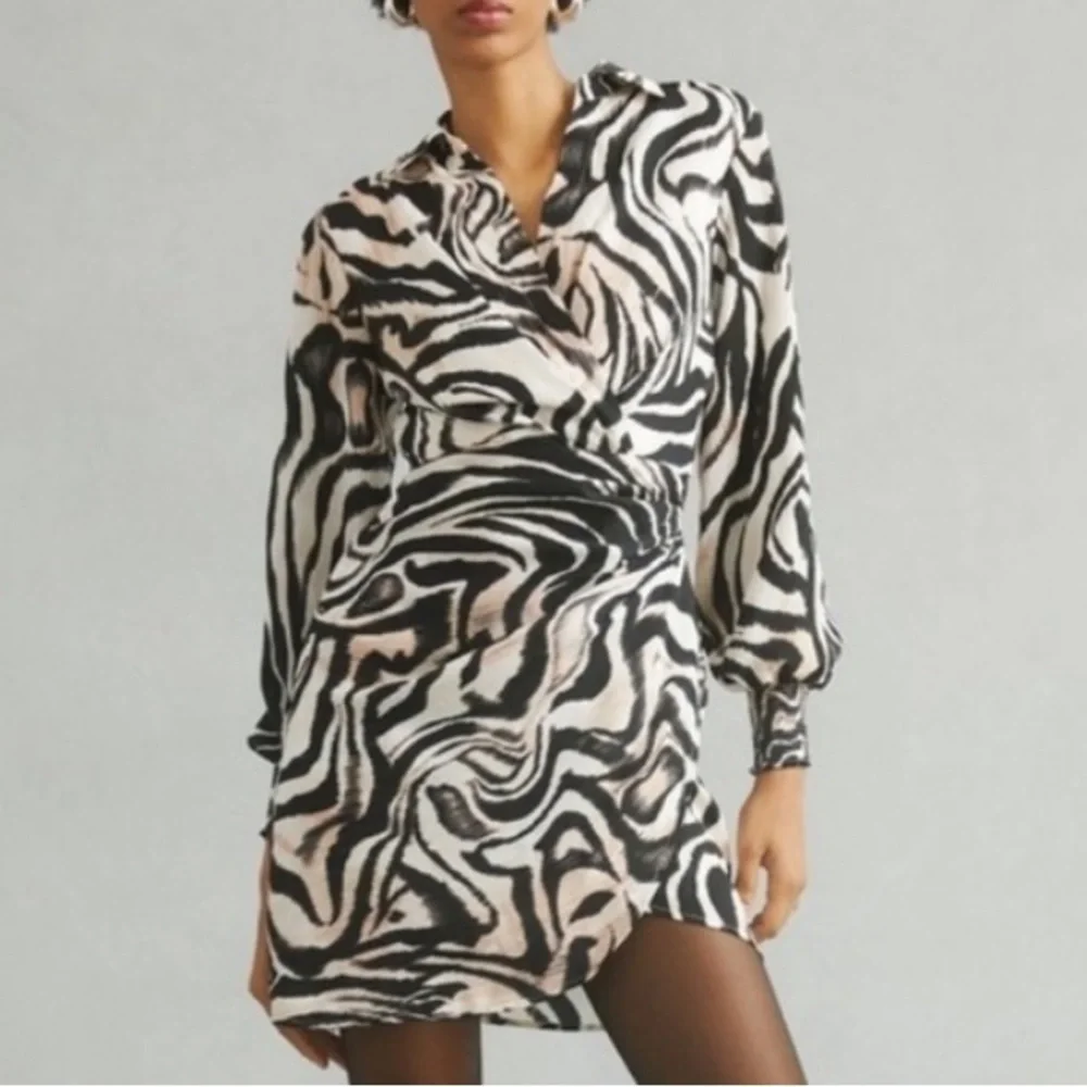Anthropologie Faux Wrap Zebra Print Long Sleeve Mini Dress sz 12P - Picture 1 of 15